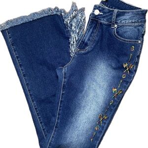 Flamingals Embroidered Fringe Flare Jeans Women Dark Blue Boho Bootcut Denim M